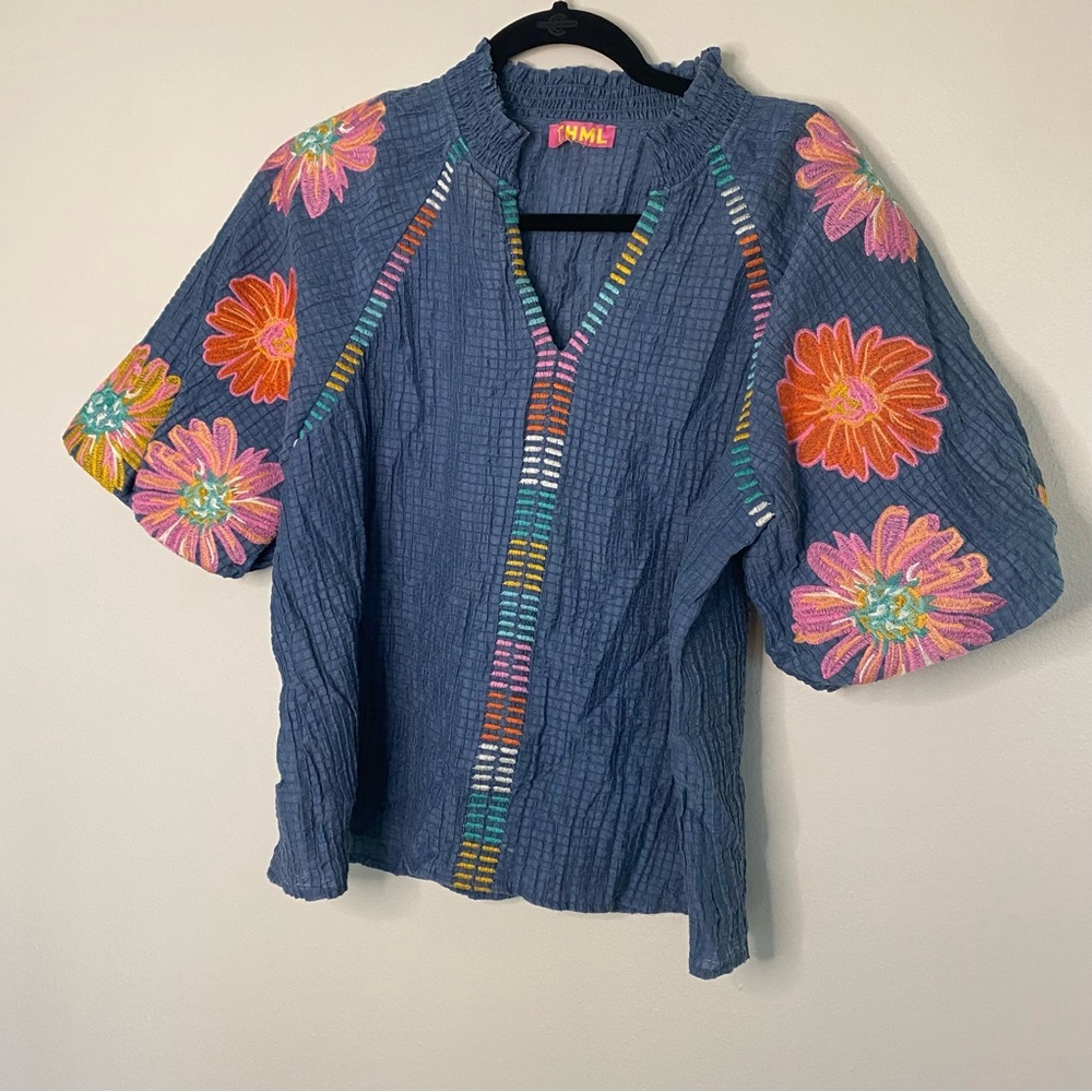 THML Blue Blouse with Pink and Orange Floral Embroidery